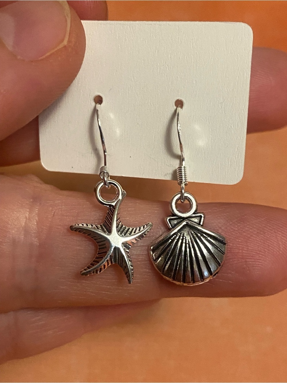 Silver Starfish and Shell Drop Earrings by